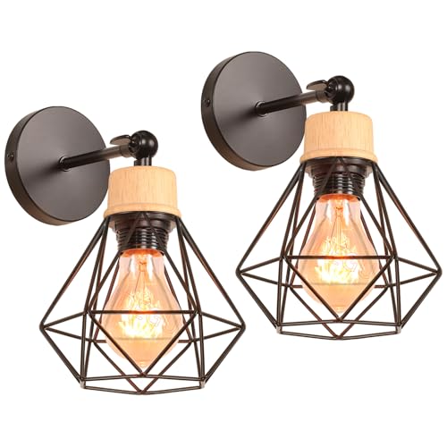 iDEGU 2 Stück Wandleuchten, Vintage Wandlampe Innen im Industrie Design 16cm Käfig Lampenschirm Schwarz aus Metall und Holz Verstellbare Deckenleuchte Wandleuchte für Schlafzimmer Küche Flur iDEGU 2 Stück Wandleuchten, Vintage Wandlampe Innen im Industrie Design 16cm Käfig Lampenschirm Schwarz aus Metall und Holz Verstellbare Deckenleuchte Wandleuchte für Schlafzimmer Küche Flur von iDEGU