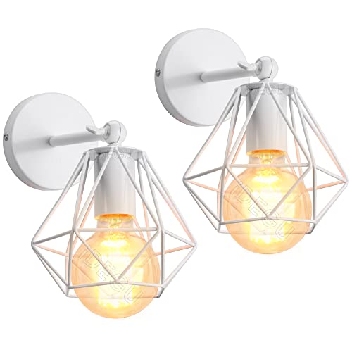 iDEGU 2 Stück Wandleuchten, Vintage Wandlampe Innen im Industrie Design 16cm Käfig Lampenschirm Weiß aus Metall Verstellbare Deckenleuchte Wandleuchte für Schlafzimmer Küche Flur von iDEGU