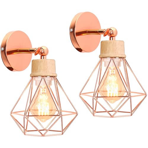 iDEGU 2 Stück Wandleuchten, Vintage Wandlampe Innen im Industrie Design 16cm Käfig Lampenschirm aus Metall und Holz Verstellbare Deckenleuchte Wandleuchte für Schlafzimmer Küche Flur (Roségold) von iDEGU