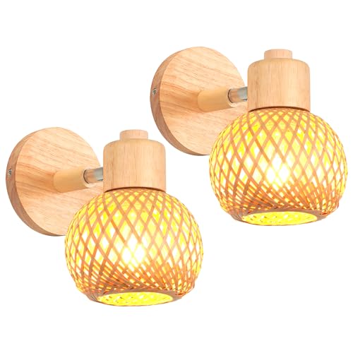 iDEGU 2 Stück Wandleuchten Innen E27 Wandlampe aus Holz Retro Lampenschirm aus Bambus Bohème-Stil Nachttischlampe Verstellbare Wandspot Rattan Lampe für Schlafzimmer Wohnzimmer Flur Esszimmer (13cm) von iDEGU
