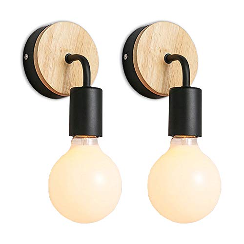 iDEGU 2 Stücke Wandleuchten Vintage Lampe aus Holz und Metall Schlichte Design Wandlampe mit E27 Fassung Industrie LED Lampe Innen für Flur Wohnzimmer Schlafzimmer Esszimmer (Schwarz) von iDEGU