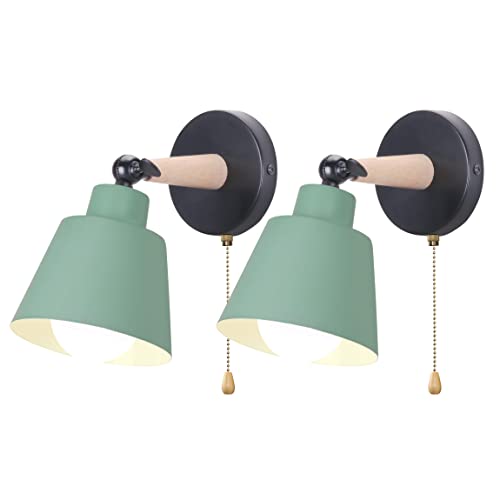 iDEGU 2er Set Wandleuchten Innen Retro Wandlampe aus Holz und Metall mit Schalter Verstellbar Wandspot Moderne Wandleuchte für Schlafzimmer Flur Eingang Wohnzimmer (Matt Grün) von iDEGU