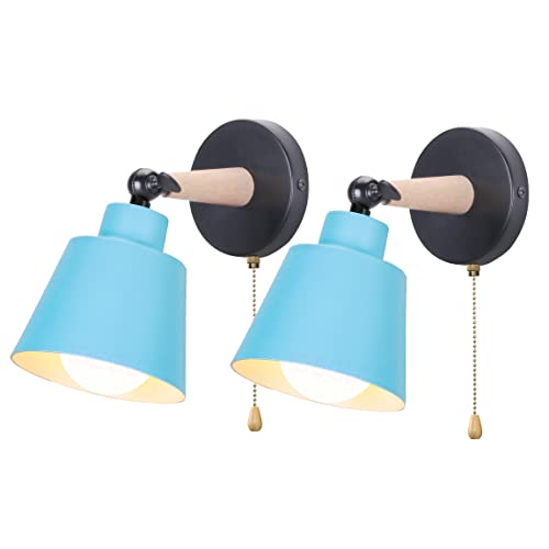 iDEGU 2er Set Wandleuchten Innen Retro Wandlampe aus Holz und Metall mit Schalter Verstellbar Wandspot Moderne Wandleuchte für Schlafzimmer Flur Eingang Wohnzimmer (Matt Blau) von iDEGU