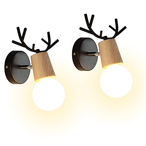 iDEGU 2 Stück Wandleuchten Innen Kreativer Wandlampe im Geweih-Design aus Holz und Metall Retro Verstellbare Wandleuchte für Schlafzimmer Wohnzimmer Flur Café Bar (Schwarz) von iDEGU