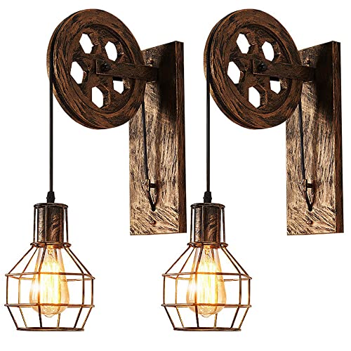 iDEGU 2 Stück Wandleuchten Vintage Wandleuchte im Industrial Design Retro Lampe Holz Riemenscheibe 1 flammige Hängelampe für Wohnzimmer Küche Restaurant (Bronze) von iDEGU