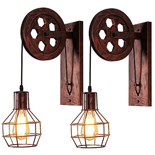 iDEGU 2 Stück Wandleuchten Vintage Wandleuchte im Industrial Design Retro Lampe Holz Riemenscheibe 1 flammige Hängelampe für Wohnzimmer Küche Restaurant (Kupferrost) von iDEGU