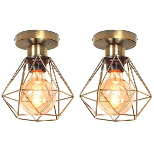 iDEGU 2 Stücke Deckenleuchten 16cm Industrial Deckenlampe aus Metall Lampenschirm Schwarz Retro Kronleuchter E27 Fassung Vintage Pendelleuchte für Flur Eingang Küche Schlafzimmer (Messing Fassung) von iDEGU
