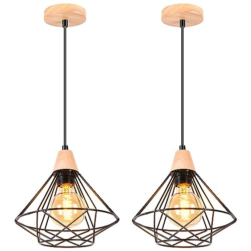 iDEGU 2 Stücke Pendelleuchten 22cm Industrielle Hängelampe aus Holz Metall Vintage Lampe mit Geometrischem Käfig Schwarz E27 Retro Hängeleuchte für Esszimmer Wohnzimmer Küche (1-flammig Pendellampe) von iDEGU