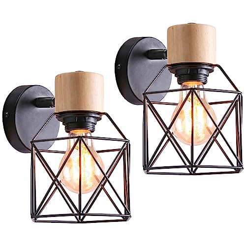 iDEGU 2 Stücke Vintage Wandlampe 15CM Wandleuchte Industrial Design Geometrischem Käfig Lampenschirm Retro Lampe aus Holz Eisen Verstellbare Deckenleuchte Wandleuchte für Küche Flur (Typ-A Schwarz) iDEGU 2 Stücke Vintage Wandlampe 15CM Wandleuchte Industrial Design Geometrischem Käfig Lampenschirm Retro Lampe aus Holz Eisen Verstellbare Deckenleuchte Wandleuchte für Küche Flur (Typ-A Schwarz) von iDEGU
