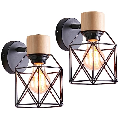 iDEGU 2 Stücke Vintage Wandlampe 15CM Wandleuchte Industrial Design Geometrischem Käfig Lampenschirm Retro Lampe aus Holz Eisen Verstellbare Deckenleuchte Wandleuchte für Küche Flur (Typ-A Schwarz) von iDEGU