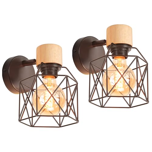 iDEGU 2 Stücke Vintage Wandlampe 15CM Wandleuchte Industrial Design Geometrischem Käfig Lampenschirm Retro Lampe aus Holz Eisen Verstellbare Deckenleuchte Wandleuchte für Küche Flur (Typ-A Schwarz) iDEGU 2 Stücke Vintage Wandlampe 15CM Wandleuchte Industrial Design Geometrischem Käfig Lampenschirm Retro Lampe aus Holz Eisen Verstellbare Deckenleuchte Wandleuchte für Küche Flur (Typ-A Schwarz) von iDEGU