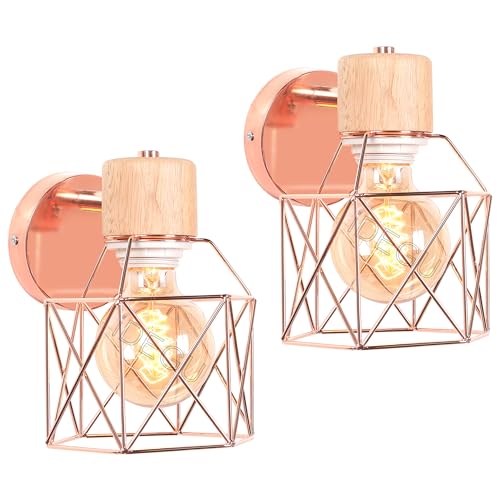 iDEGU 2 Stücke Vintage Wandlampe 15CM Wandleuchte Industrial Design Geometrischem Käfig Lampenschirm Retro Lampe aus Holz Eisen Verstellbare Deckenleuchte Wandleuchte für Küche Flur (Typ-A Oro Rosa) von iDEGU