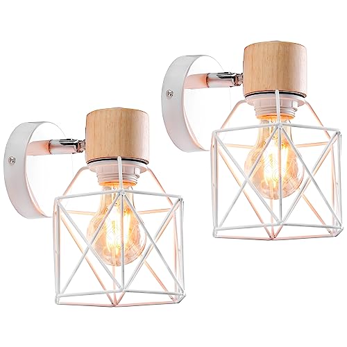 iDEGU 2 Stücke Vintage Wandlampe 15CM Wandleuchte Industrial Design Geometrischem Käfig Lampenschirm Retro Lampe aus Holz Eisen Verstellbare Deckenleuchte Wandleuchte für Schlafzimmer Flur(Typ-A Weiß) von iDEGU