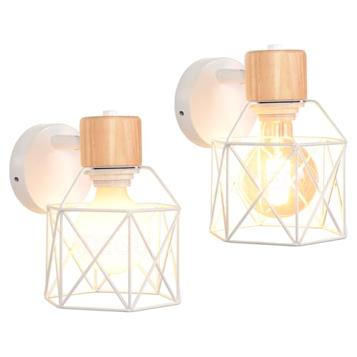 iDEGU 2 Stücke Vintage Wandlampe 15CM Wandleuchte Industrial Design Geometrischem Käfig Lampenschirm Retro Lampe aus Holz Eisen Verstellbare Deckenleuchte Wandleuchte für Schlafzimmer Flur(Typ-A Weiß) iDEGU 2 Stücke Vintage Wandlampe 15CM Wandleuchte Industrial Design Geometrischem Käfig Lampenschirm Retro Lampe aus Holz Eisen Verstellbare Deckenleuchte Wandleuchte für Schlafzimmer Flur(Typ-A Weiß) von iDEGU
