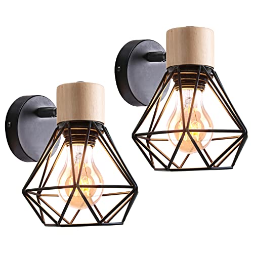 iDEGU 2 Stücke Vintage Wandlampe 15CM Wandleuchte Industrial Design Geometrischem Käfig Lampenschirm Retro Lampe aus Holz Eisen Verstellbare Deckenleuchte Wandleuchte für Wohnzimmer Flur,Typ-B Schwarz von iDEGU