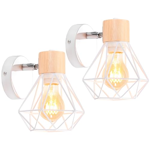 iDEGU 2 Stücke Vintage Wandlampe 15CM Wandleuchte Industrial Design Geometrischem Käfig Lampenschirm Retro Lampe aus Holz Eisen Verstellbare Deckenleuchte Wandleuchte für Wohnzimmer Flur (Typ-B Weiß) von iDEGU