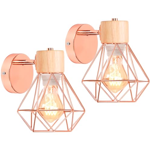 iDEGU 2 Stücke Vintage Wandlampe 16CM Wandleuchte Industrial Design Geometrischem Käfig Lampenschirm Retro Lampe aus Holz Eisen Verstellbare Deckenleuchte Wandleuchte für Wohnzimmer(Typ-B Roségold) von iDEGU