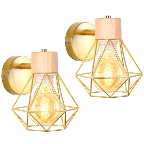 iDEGU 2 Stücke Vintage Wandlampe 16CM Wandleuchte Industrial Design Geometrischem Käfig Lampenschirm Retro Lampe aus Holz Eisen Verstellbare Deckenleuchte Wandleuchte für Wohnzimmer Flur (Typ-B Gold) iDEGU 2 Stücke Vintage Wandlampe 16CM Wandleuchte Industrial Design Geometrischem Käfig Lampenschirm Retro Lampe aus Holz Eisen Verstellbare Deckenleuchte Wandleuchte für Wohnzimmer Flur (Typ-B Gold) von iDEGU