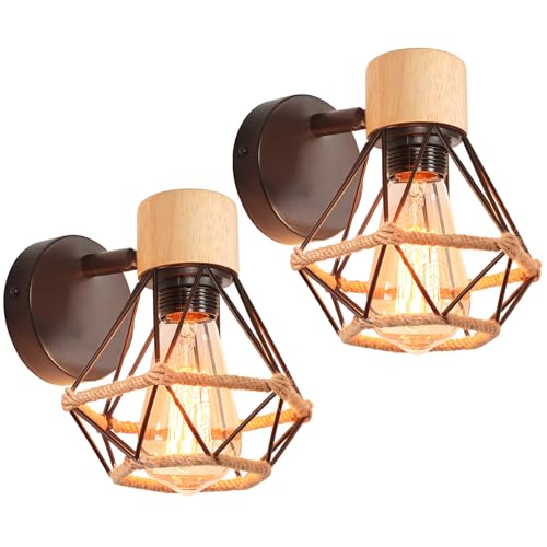 iDEGU 2 Stücke Vintage Wandlampe 16CM Wandleuchte Industrial Design Käfig Lampenschirm Retro Lampe aus Holz Eisen Verstellbare Deckenleuchte Wandleuchte für Wohnzimmer Flur,Typ Hanfseil, Schwarz von iDEGU