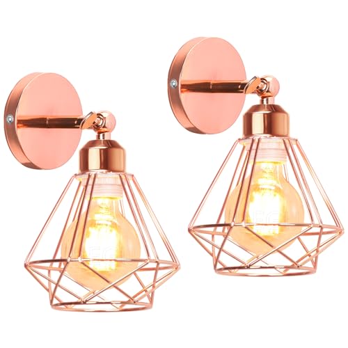 iDEGU 2 Stücke Vintage Wandlampe 16cm Wandleuchte Industrial Design Geometrischem Käfig Eisen Lampenschirm Retro Lampe Verstellbare Deckenleuchte Wandleuchte für Wohnzimmer Flur Küche (Typ-C Roségold) von iDEGU