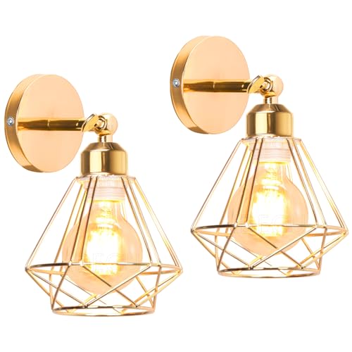 iDEGU 2 Stücke Vintage Wandlampe 16cm Wandleuchte Industrial Design Geometrischem Käfig Eisen Lampenschirm Retro Lampe Verstellbare Deckenleuchte Wandleuchte für Wohnzimmer Flur Küche (Typ-C Gold) von iDEGU