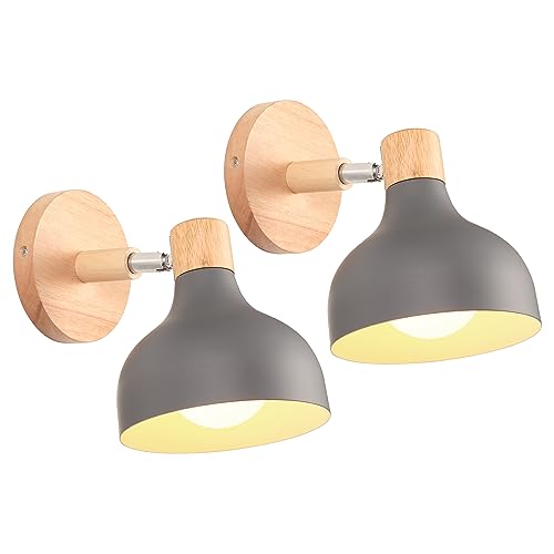 iDEGU 2 Stücke Wandlampen Retro E27 Wandleuchte Moderne aus Holz Metall im Skandinavischen Stil Lampenschirm Tropfenförmig Verstellbare Wandspot Vintage Lampe für Schlafzimmer Wohnzimmer (Grau) von iDEGU