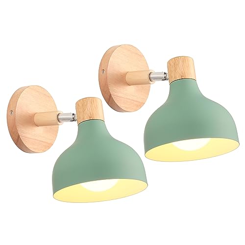 iDEGU 2 Stücke Wandlampen Retro E27 Wandleuchte Moderne aus Holz Metall im Skandinavischen Stil Lampenschirm Tropfenförmig Verstellbare Wandspot Vintage Lampe für Schlafzimmer Wohnzimmer (Grün) von iDEGU