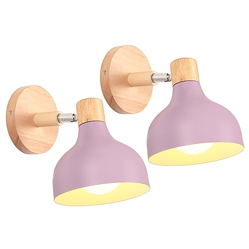 iDEGU 2 Stücke Wandlampen Retro E27 Wandleuchte Moderne aus Holz Metall im Skandinavischen Stil Lampenschirm Tropfenförmig Verstellbare Wandspot Vintage Lampe für Schlafzimmer Wohnzimmer (Lila) von iDEGU