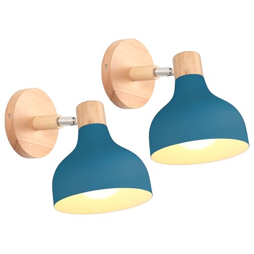 iDEGU 2 Stücke Wandlampen Retro E27 Wandleuchte Moderne aus Holz Metall im Skandinavischen Stil Lampenschirm Tropfenförmig Verstellbare Wandspot Vintage Lampe für Schlafzimmer Wohnzimmer (Oxford-blau) von iDEGU