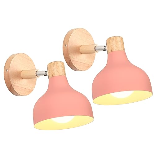 iDEGU 2 Stücke Wandlampen Retro E27 Wandleuchte Moderne aus Holz Metall im Skandinavischen Stil Lampenschirm Tropfenförmig Verstellbare Wandspot Vintage Lampe für Schlafzimmer Wohnzimmer (Rosa) von iDEGU