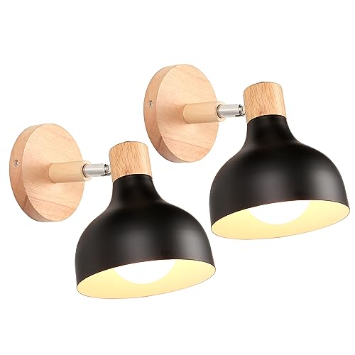 iDEGU 2 Stücke Wandlampen Retro E27 Wandleuchte Moderne aus Holz Metall im Skandinavischen Stil Lampenschirm Tropfenförmig Verstellbare Wandspot Vintage Lampe für Schlafzimmer Wohnzimmer (Schwarz) von iDEGU