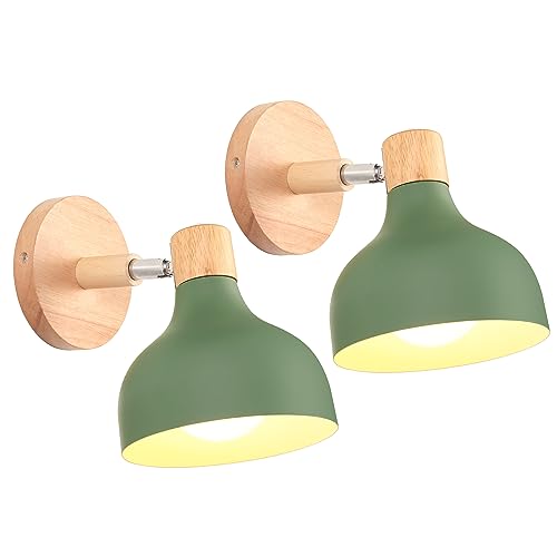 iDEGU 2 Stücke Wandlampen Retro E27 Wandleuchte Moderne aus Holz Metall im Skandinavischen Stil Lampenschirm Tropfenförmig Verstellbare Wandspot Vintage Lampe für Schlafzimmer Wohnzimmer (Olivgrün) von iDEGU