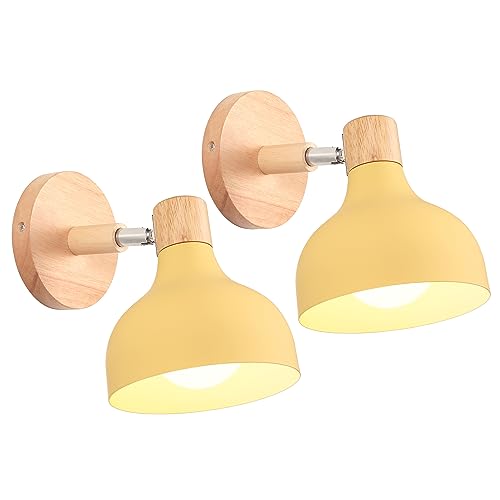 iDEGU 2 Stücke Wandlampen Retro E27 Wandleuchte Moderne aus Holz Metall im Skandinavischen Stil Lampenschirm Tropfenförmig Verstellbare Wandspot Vintage Lampe für Schlafzimmer Wohnzimmer (Hellgelb) von iDEGU