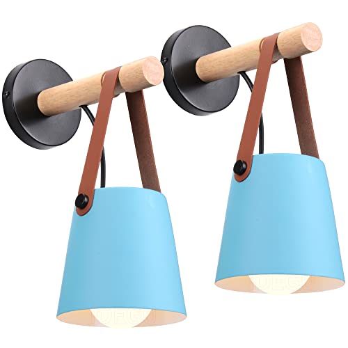 iDEGU 2 Stücke Wandlampen Retro Wandleuchte Innen Vintage Lampe in Holz und Metall E27 Hängelampe Wandleuchte für Schlafzimmer Flur Wohnzimmer (Blau, 2 Stücke) von iDEGU