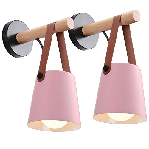 iDEGU 2 Stücke Wandlampen Retro Wandleuchte Innen Vintage Lampe in Holz und Metall E27 Hängelampe Wandleuchte für Schlafzimmer Flur Wohnzimmer (Rosa, 2 Stücke) von iDEGU