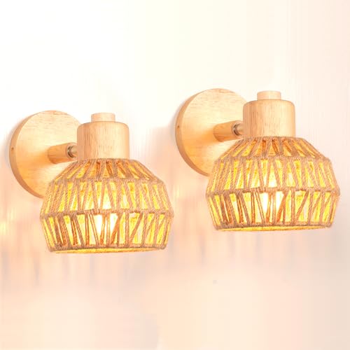 iDEGU 2 Stücke Wandleuchten Innen Retro Wandlampe aus Holz Hanfseil Halbkreis Lampenschirm Vintage E27 Verstellbare Wandspot Industrie Lampe für Schlafzimmer Wohnzimmer Flur Esszimmer Café (15cm) von iDEGU