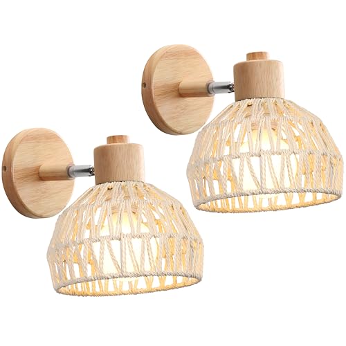 iDEGU 2 Stücke Wandleuchten Innen Retro Wandlampe aus Holz Rattan Halbkreis Lampenschirm Vintage E27 Verstellbare Wandspot Industrie Lampe für Schlafzimmer Wohnzimmer Flur Café (20cm, Weiß Rattan) von iDEGU