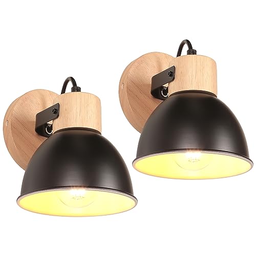 iDEGU 2 Stücke Wandleuchten Innen Vintage Wandlampe aus Holz und Eisen Industrie Design Lampe Retro Wandstrahler Verstellbare Deckenleuchte Wandspot Wohnzimmer Küche (Schwarz, weißes Interieur) von iDEGU