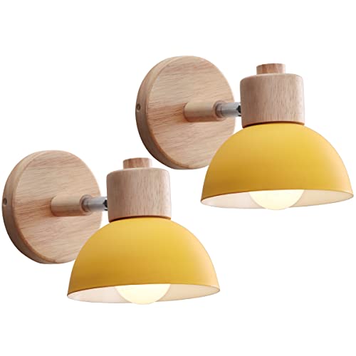 iDEGU 2 Stücke Wandleuchten Moderne Innen Wandlampe aus Holz Metall Halbkreis Lampenschirm E27 Verstellbare Wandspot Vintage Lampe für Schlafzimmer Wohnzimmer (2 Lampen, Gelb) von iDEGU