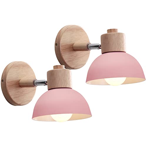 iDEGU 2 Stücke Wandleuchten Moderne Innen Wandlampe aus Holz Metall Halbkreis Lampenschirm E27 Verstellbare Wandspot Vintage Lampe für Schlafzimmer Wohnzimmer (2 Lampen, Rosa) von iDEGU