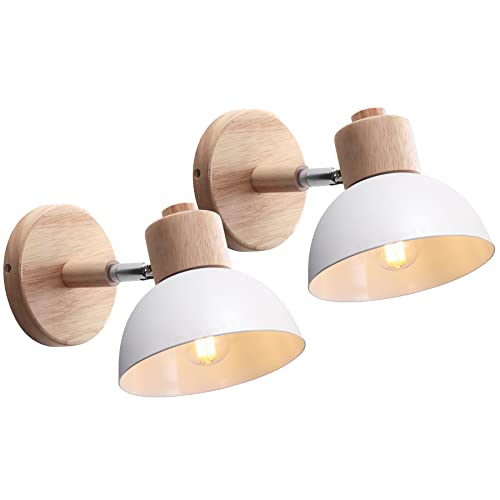 iDEGU 2 Stücke Wandleuchten Moderne Innen Wandlampe aus Holz Metall Halbkreis Lampenschirm E27 Verstellbare Wandspot Vintage Lampe für Schlafzimmer Wohnzimmer (2 Lampen, Weiß) von iDEGU