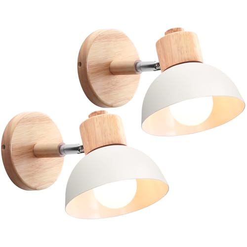 iDEGU 2 Stücke Wandleuchten Moderne Innen Wandlampe aus Holz Metall Halbkreis Lampenschirm E27 Verstellbare Wandspot Vintage Lampe für Schlafzimmer Wohnzimmer (2 Lampen, Weiß) von iDEGU