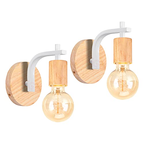 iDEGU 2 Stücke Wandleuchten Vintage Lampe aus Holz und Metall Schlichte Design Industrielle Wandlampe mit E27 Fassung Retro Schwarze Lampe für Flur Wohnzimmer Schlafzimmer Küche (Kreuzstütze, Weiß) von iDEGU