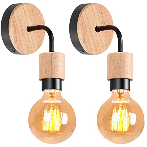 iDEGU 2 Stücke Wandleuchten Vintage Lampe aus Holz und Metall Schlichte Design Industrielle Wandlampe mit E27 Fassung Retro Schwarze Lampe für Flur Wohnzimmer Schlafzimmer Küche (Typ C, Schwarz) von iDEGU