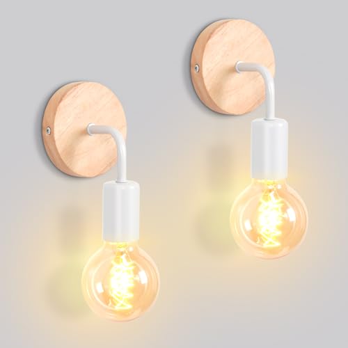 iDEGU 2 Stücke Wandleuchten Vintage Lampe aus Holz und Metall Schlichte Design Wandlampe mit E27 Fassung Industrie LED Lampe Innen für Flur Wohnzimmer Schlafzimmer Esszimmer (Holzbasis, Weiß) von iDEGU