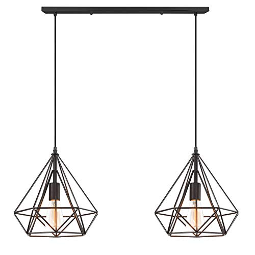 iDEGU 2-flammige Pendelleuchte Retro Hängeleuchte im Käfig-Stil Hängelampe in Diamant-form Industrielle Pendellampe für Schlafzimmer Wohnzimmer Esszimmer, 25 cm, Schwarz von iDEGU