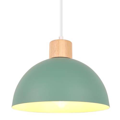 iDEGU 25cm Hängelampe Retro E27 LED Hängeleuchte Moderne Skandinavisch Deckenleuchte aus Metall Holz Pendelleuchte für Schlafzimmer Esszimmer Küche Restaurant (Grün, 1 Stück) von iDEGU
