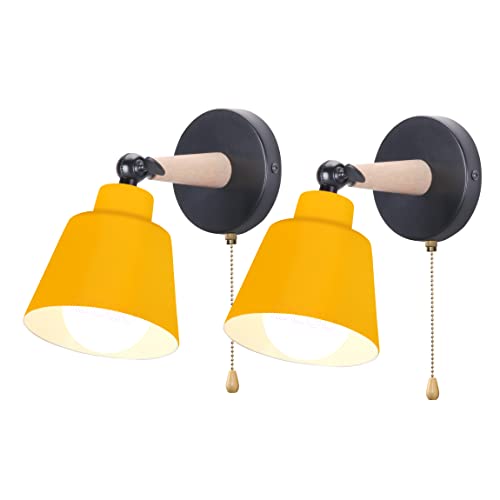 iDEGU 2er Set Wandleuchten Innen Retro Wandlampe aus Holz und Metall mit Schalter Verstellbar Wandspot Moderne Wandleuchte für Schlafzimmer Flur Eingang Wohnzimmer (Matt Gelb) von iDEGU