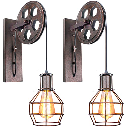 2 Stücke Industrial Wandlampen, iDEGU Vintage Wandleuchten im Riemenscheibe Design Retro Lampe aus Metall und Holz Hängelampe Wandlampe für Schlafzimmer Wohnzimmer Restaurant Café Flur - Schwarz Rost von iDEGU