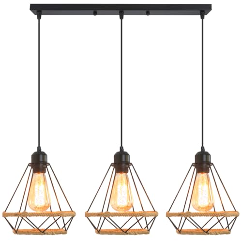 iDEGU 3 Hängeleuchten Industrielle 20 cm Kronleuchter Deckenleuchte Vintage Schwarz Lampenschirm Käfig aus Metall und Hanfseil E27 Deckenbeleuchtung für Wohnzimmer Esszimmer Restaurant iDEGU 3 Hängeleuchten Industrielle 20 cm Kronleuchter Deckenleuchte Vintage Schwarz Lampenschirm Käfig aus Metall und Hanfseil E27 Deckenbeleuchtung für Wohnzimmer Esszimmer Restaurant von iDEGU